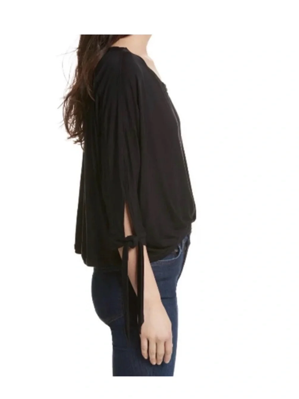 Free People Women’s Black Keyhole Tie-Sleeve Top